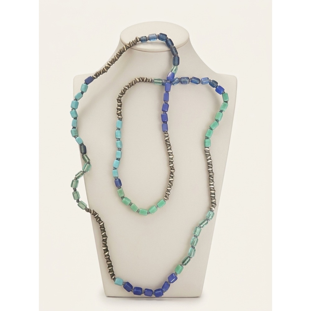 Lucky Brand Blue Green Beaded Long Necklace Antiqued Silver Boho